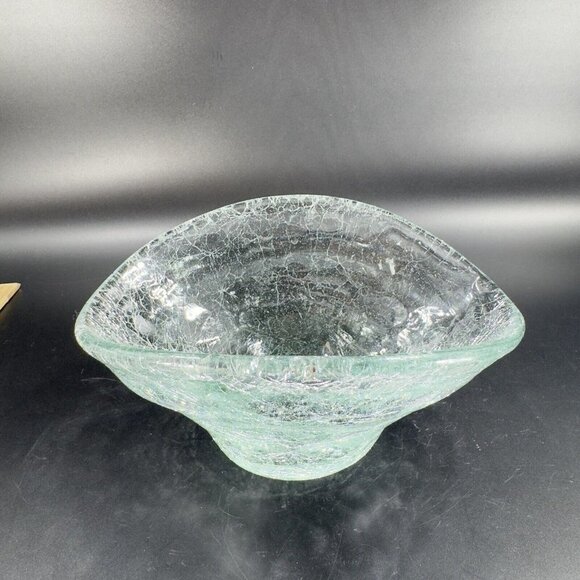 Hand Blown Clear Crackled Glass Folded Dish Bowl Hand Made Glass Decor Vintage - Picture 16 of 16